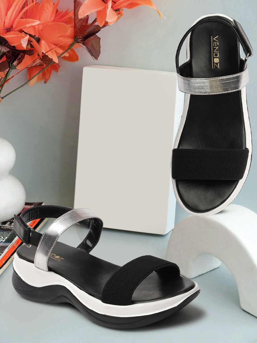 

VENDOZ Open Toe Comfort Heels With Backstrap, Black