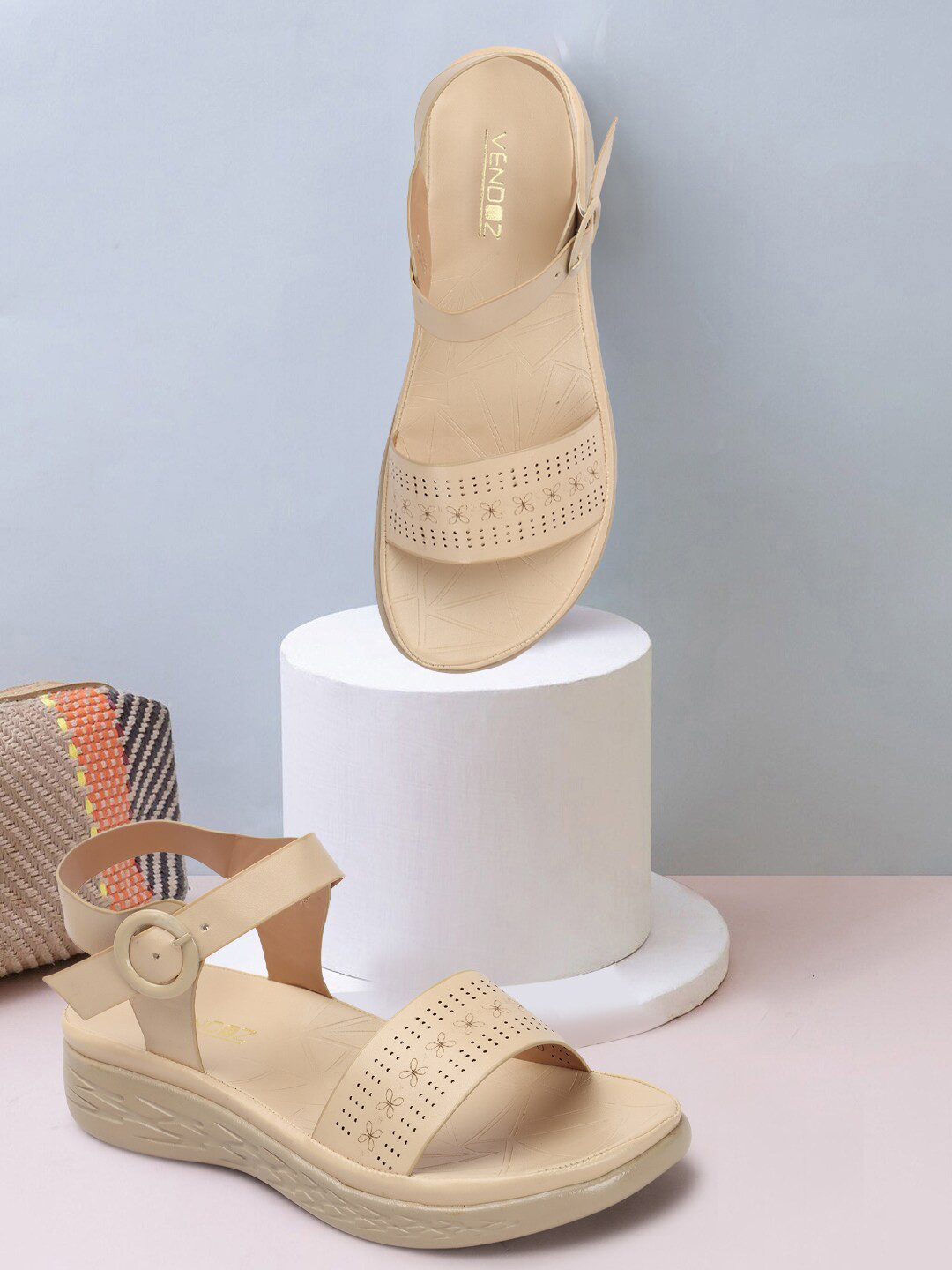 

VENDOZ Perforated Open Toe Comfort Heels, Cream