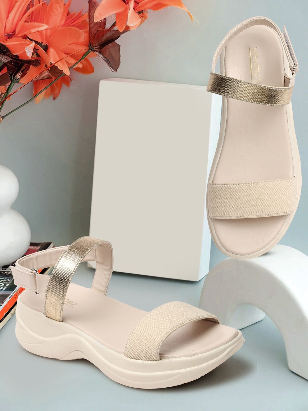 

VENDOZ Women Open Toe Comfort Heels, Cream