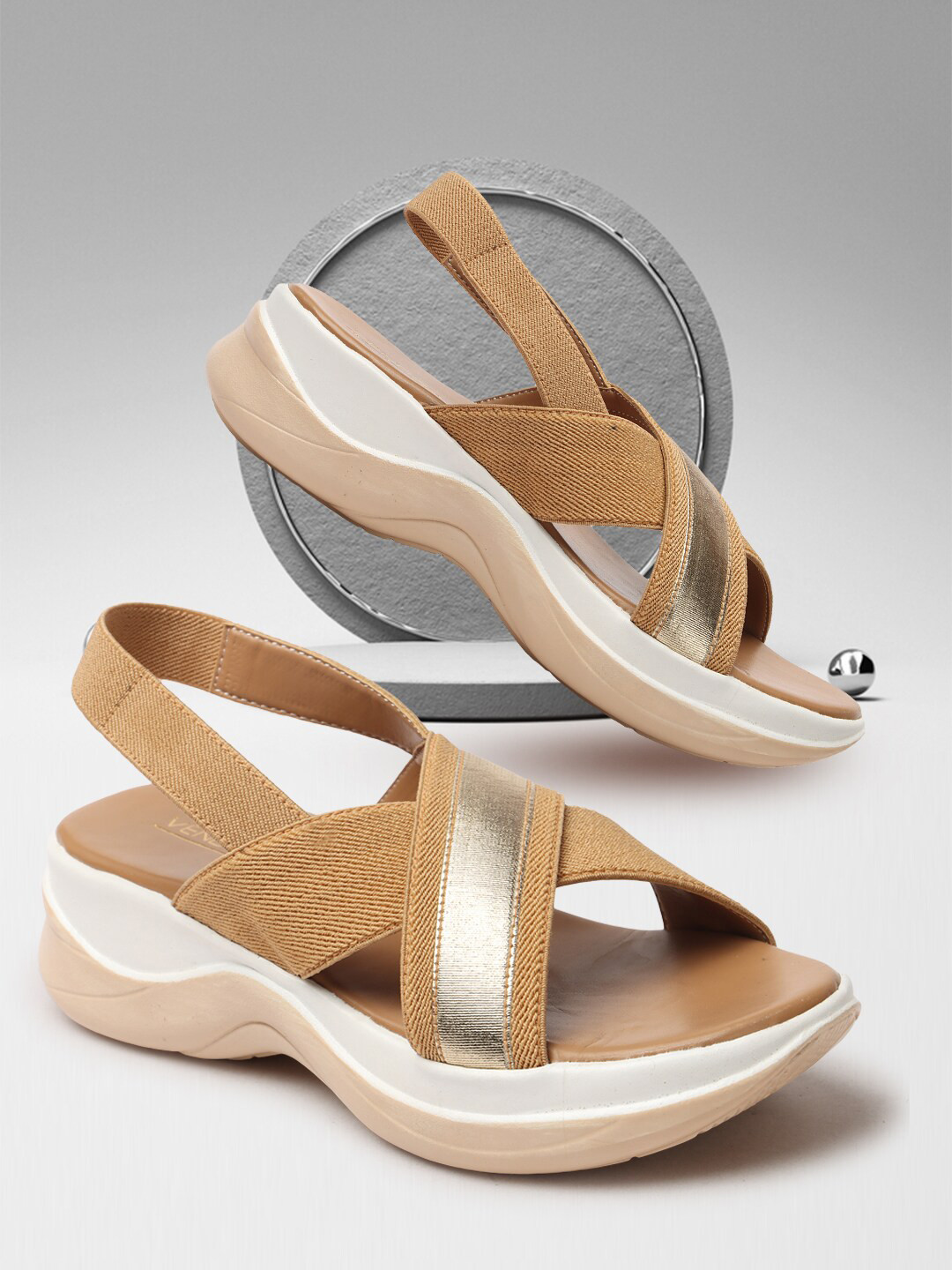 

VENDOZ Criss-Cross Strap Colourblocked Comfort Heels, Beige