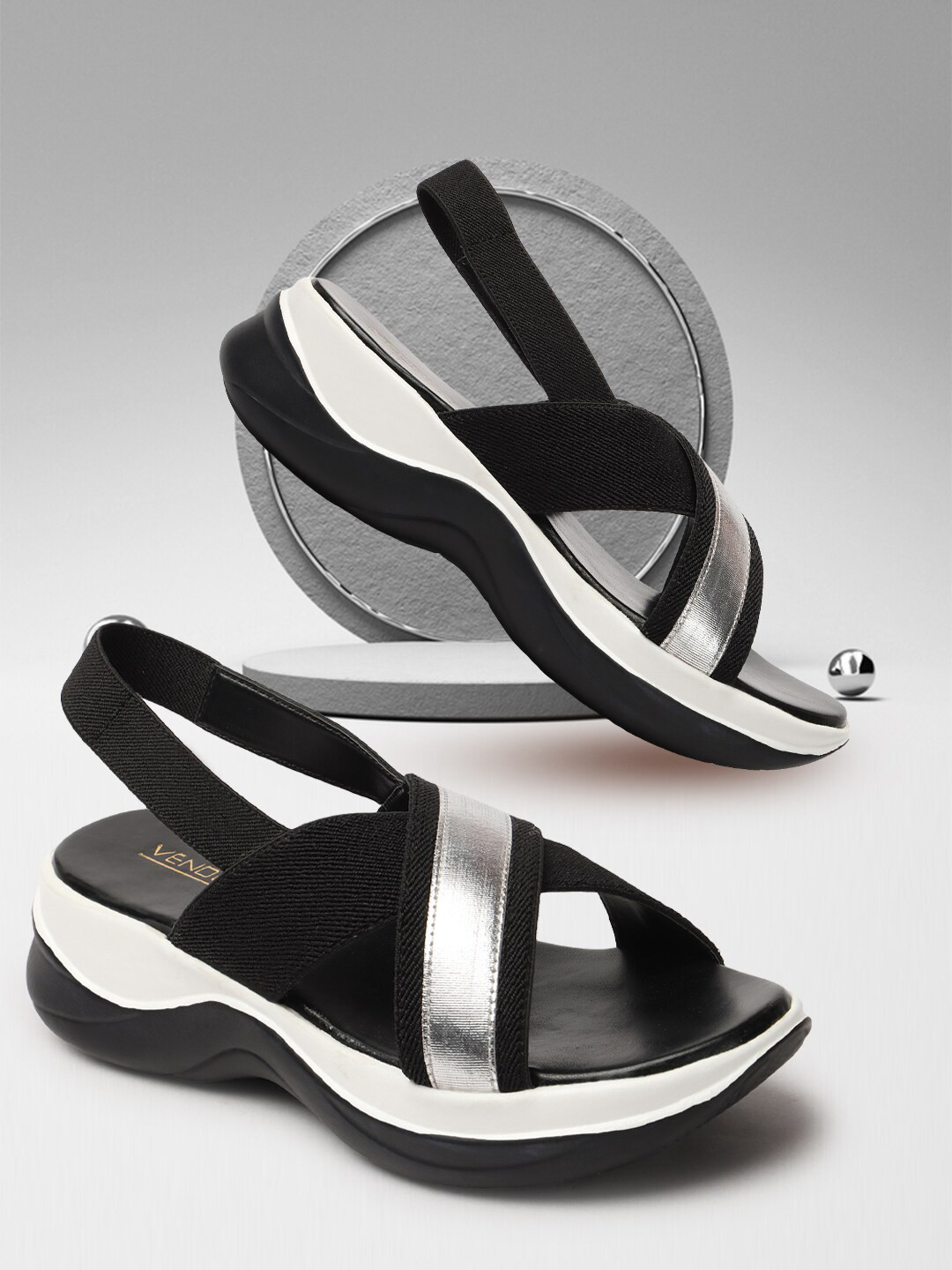 

VENDOZ Criss-Cross Strap Colourblocked Comfort Heels, Black