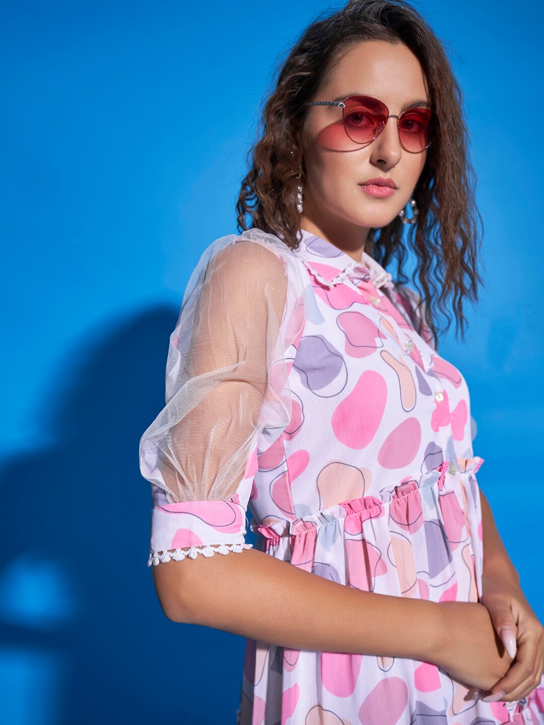 

DressBerry White Abstract Printed Tiered shirt Dress