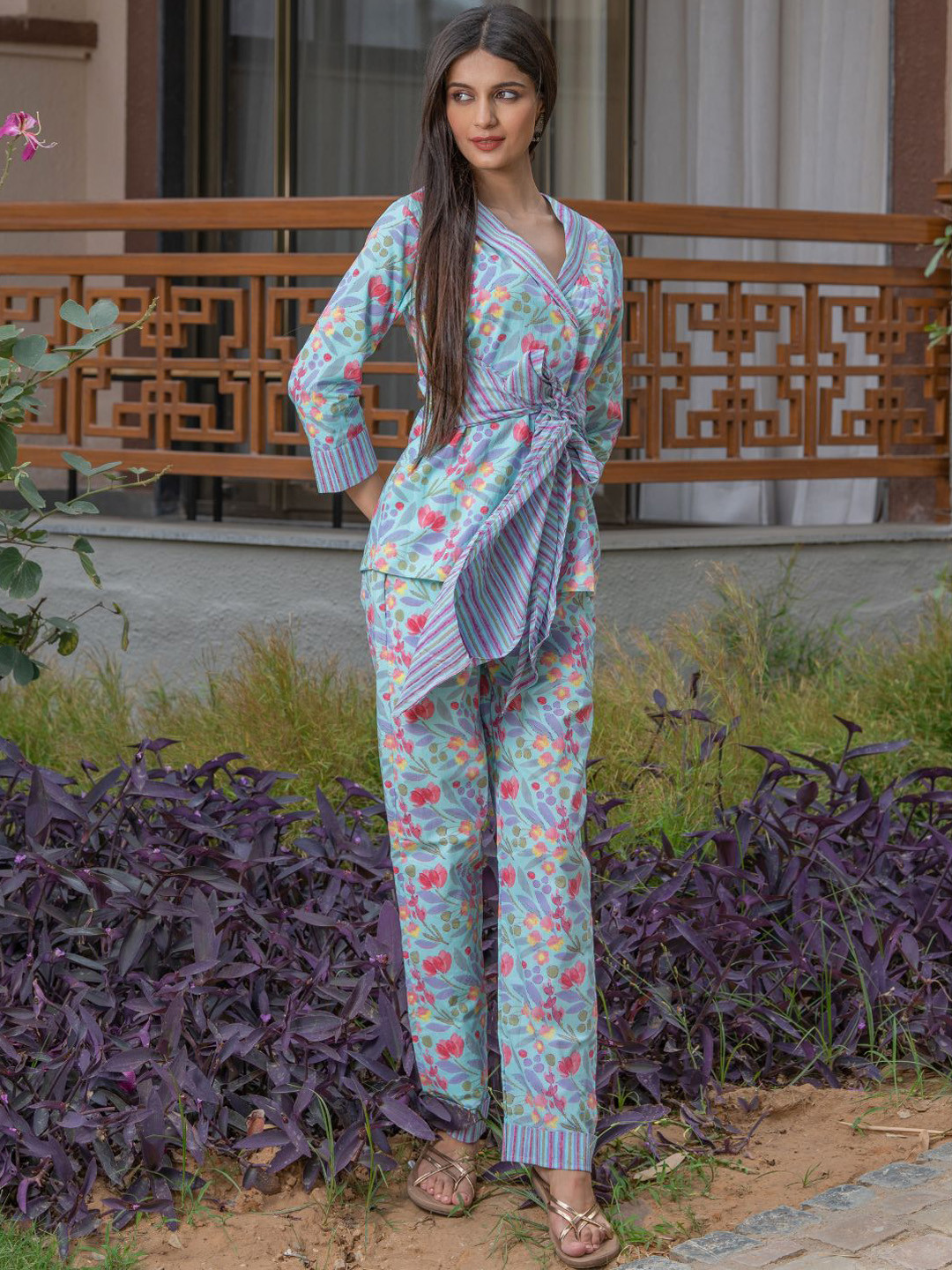 

HOUSE OF JAMOTI Floral Printed Pure Cotton Top With Trousers, Blue