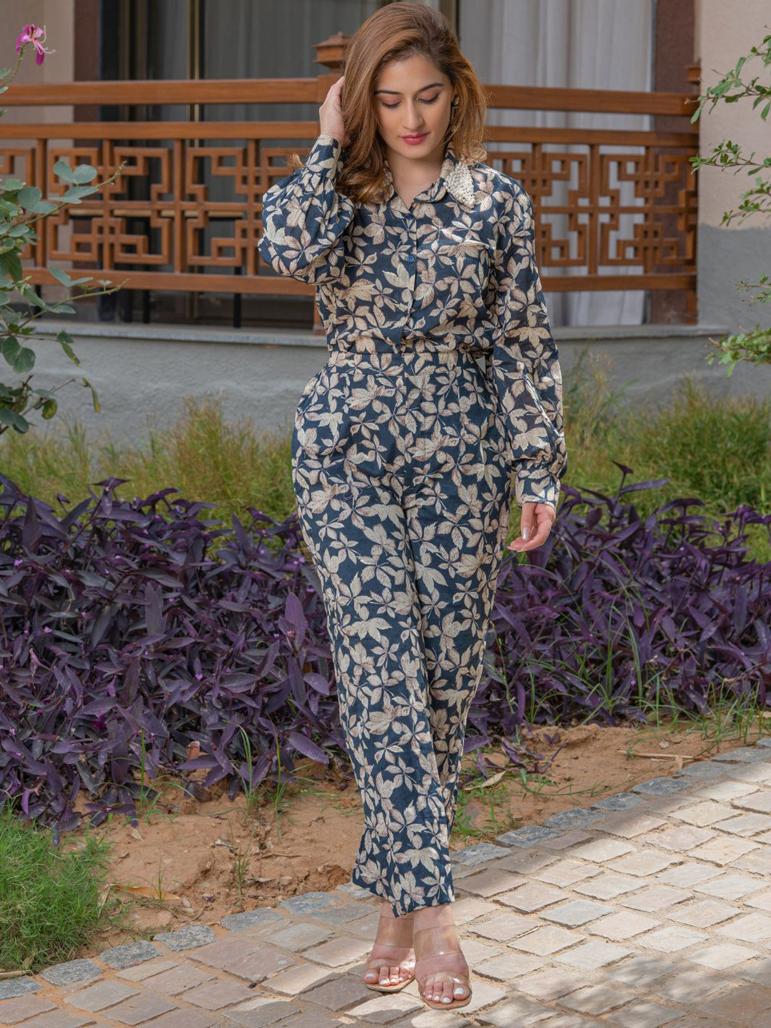 

HOUSE OF JAMOTI Floral Printed Pure Cotton Shirt With Trousers, Navy blue
