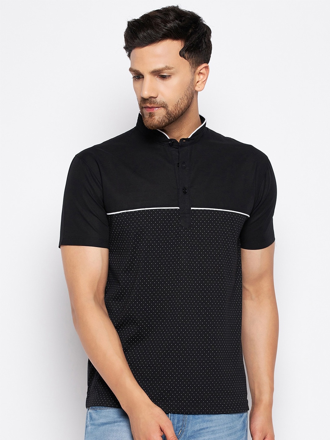 

WILD WEST Micro Ditsy Printed Mandarin Collar T-shirt, Black