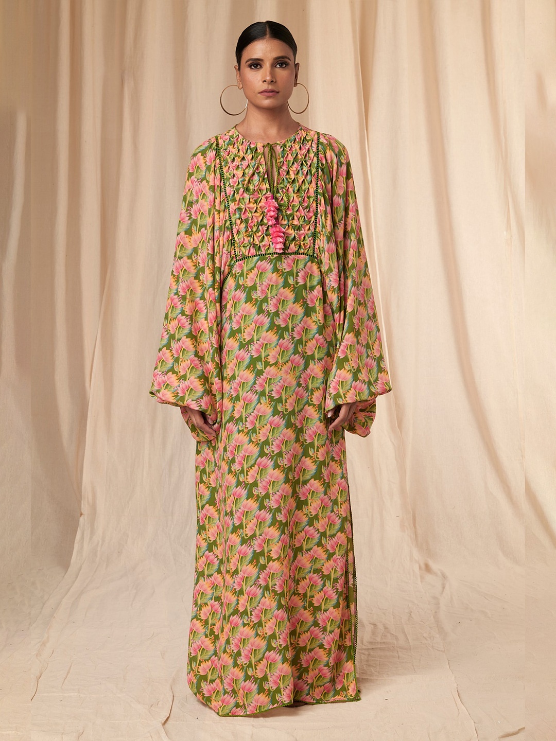 

Masaba Little Graden Floral Printed Kimono Sleeves Crepe A-Line Maxi Dress, Green