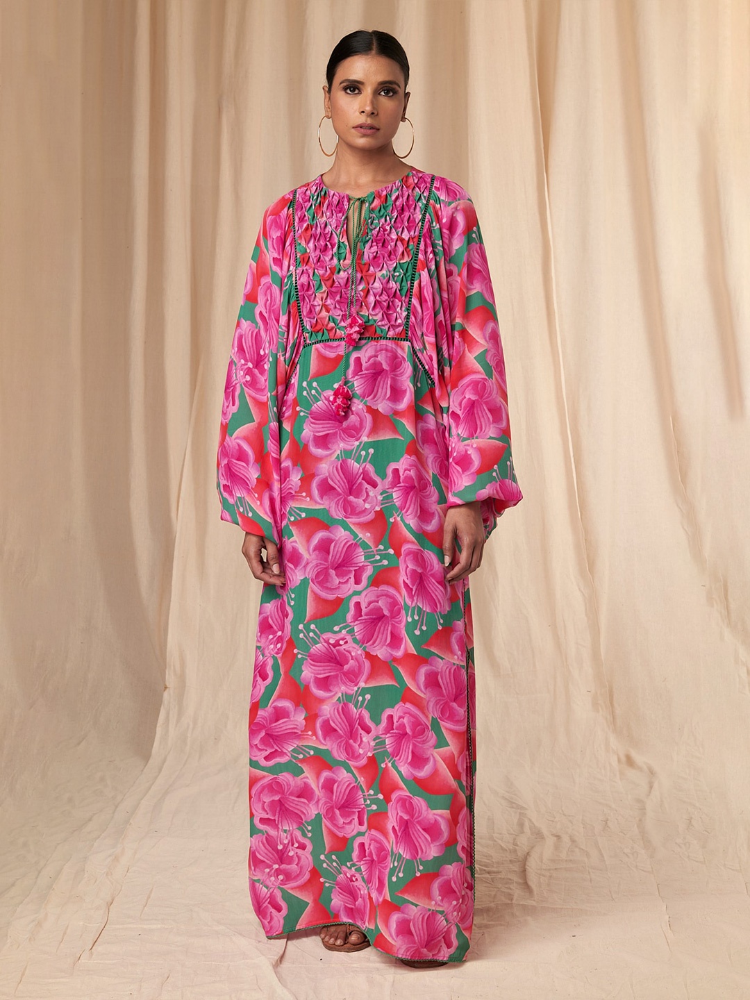 

Masaba Ariel Floral Printed Kimono Sleeves Smocked Kaftan Dress, Pink