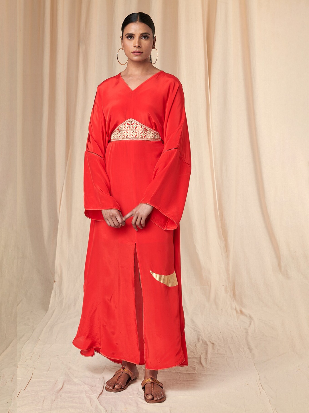 

Masaba V-Neck Crepe Kaftan Maxi Dress With Belt, Red