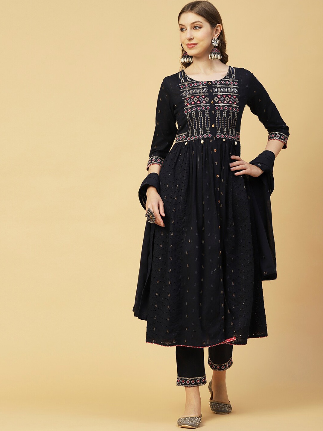 

FASHOR Navy Blue Woven Design Thread Work Pure Cotton Kurta with Trousers & With Dupatta