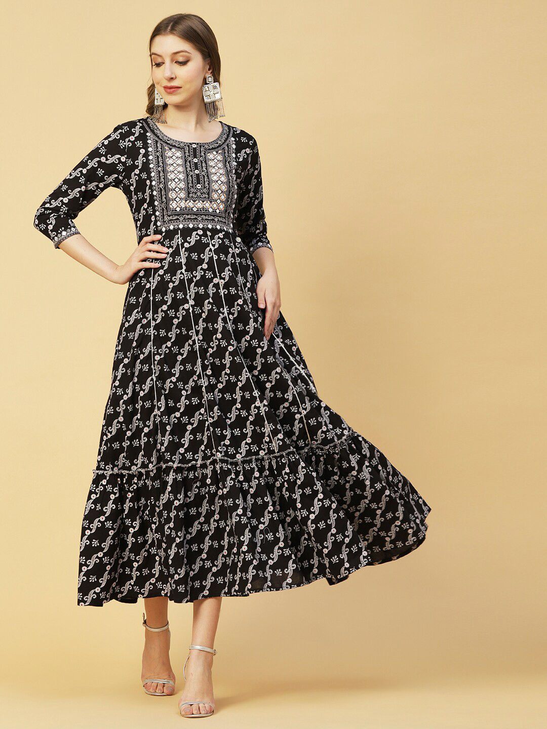 

FASHOR Ethnic Motifs Print A-Line Midi Ethnic Dress, Black