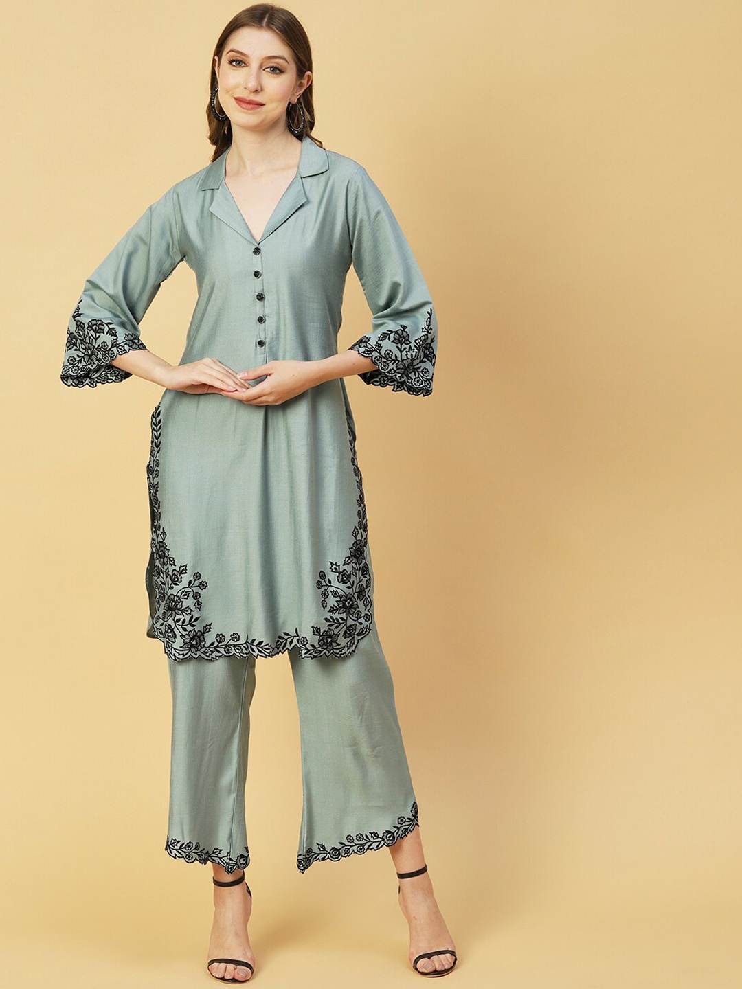 

FASHOR Green Floral Embroidered Regular Thread Work Kurta with Palazzos