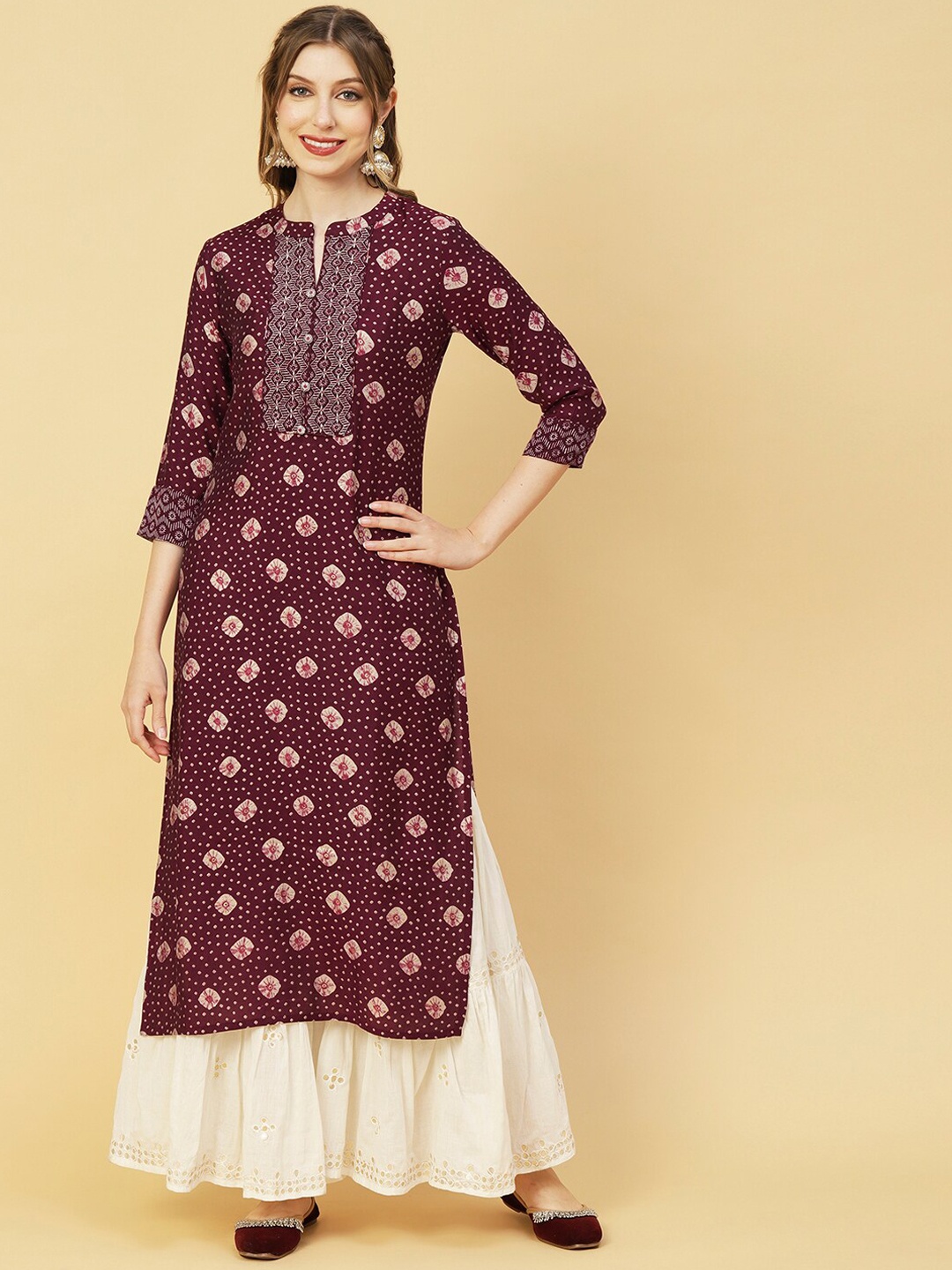 

FASHOR Maroon & Cream Coloured Printed Mandarin Collar Thread Work Kurta