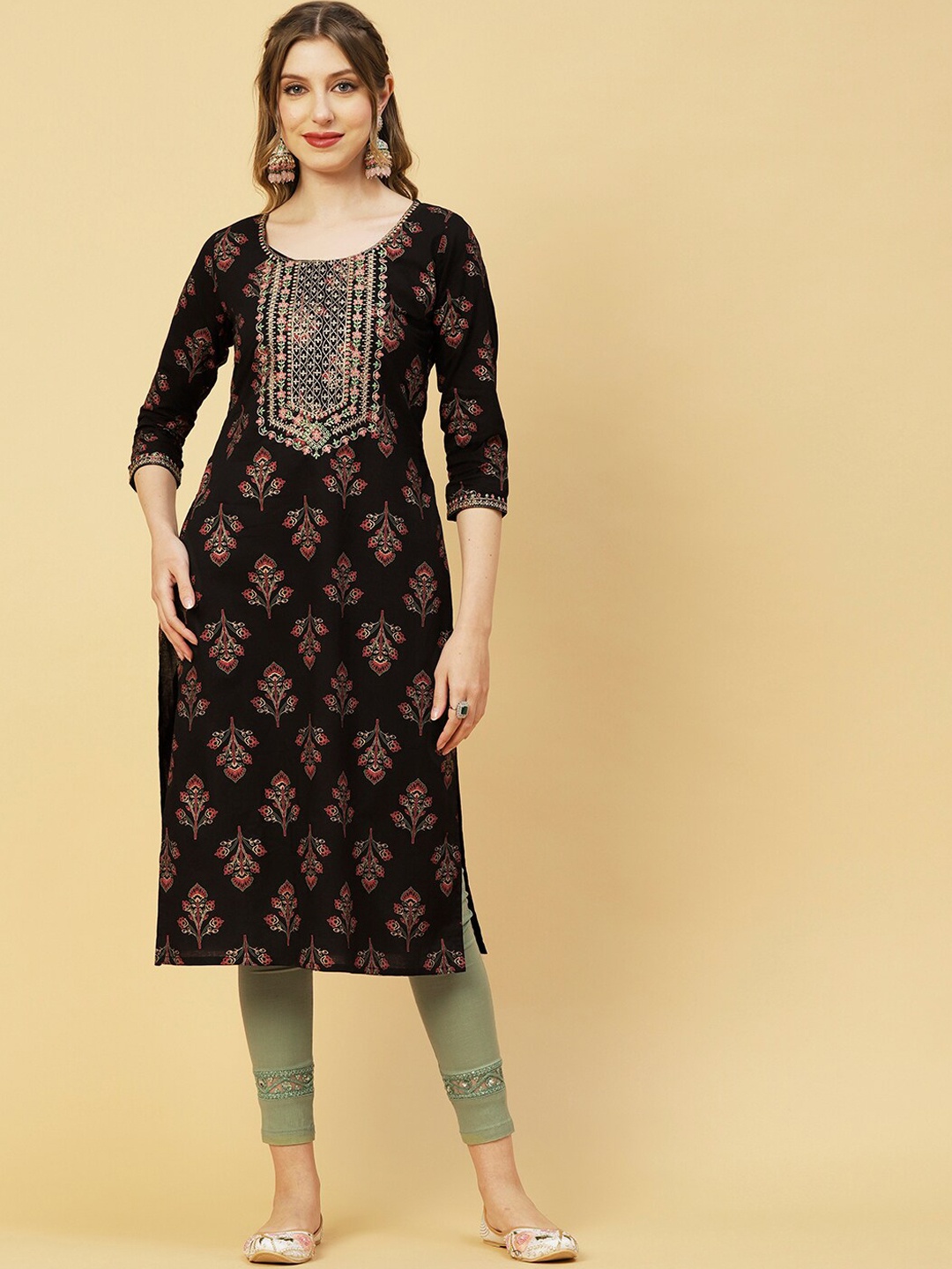 

FASHOR Black & Red Ethnic Motifs Printed Thread Work Pure Cotton Kurta