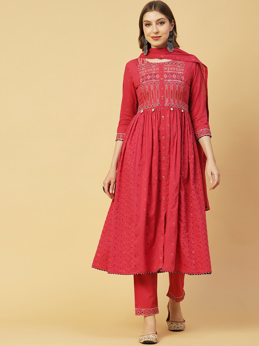 

FASHOR Pink Ethnic Motifs Self Design Pure Cotton Kurta with Trousers & With Dupatta