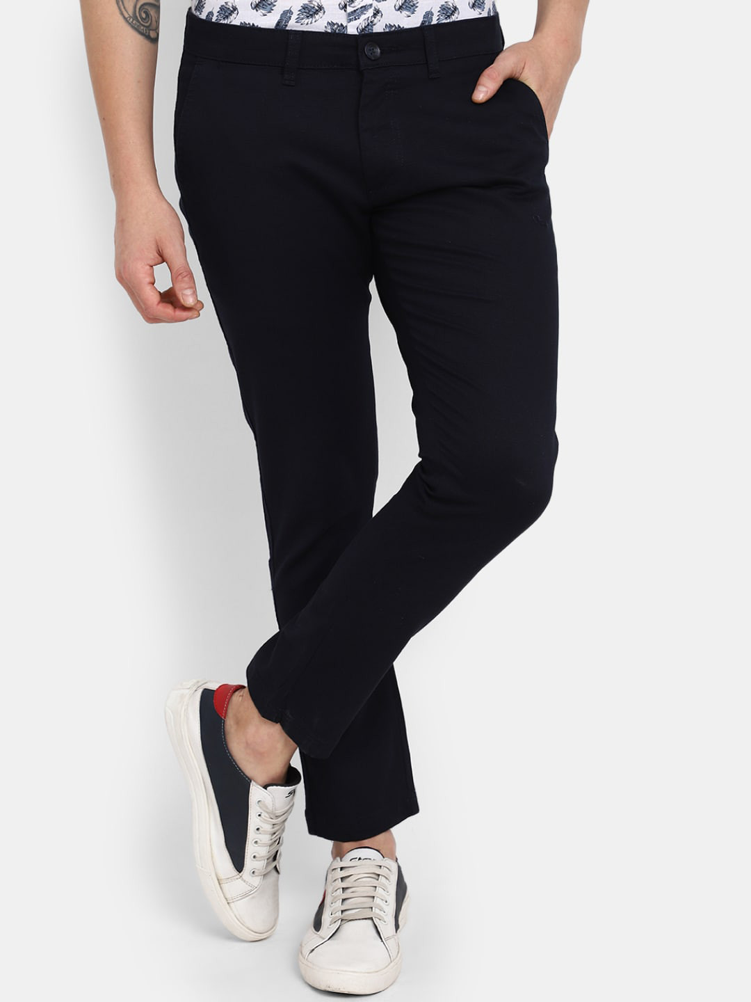

V-Mart Men Mid Rise Plain Knitted Cotton Chinos Trousers, Navy blue