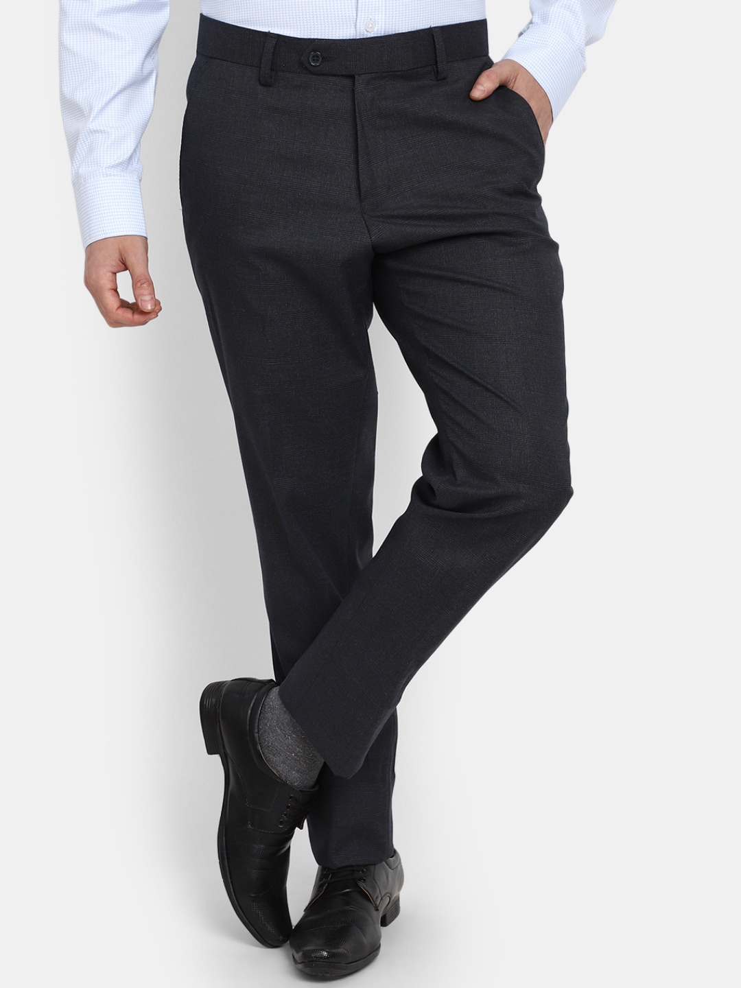 

J White by Vmart Men Self Design Textured Slim Fit Cotton Formal Trousers, Navy blue