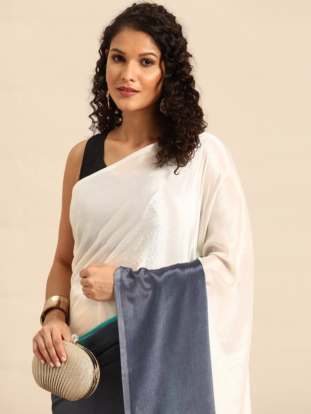 

HERE&NOW Colourblocked Poly Georgette Ready to Wear Saree, Turquoise blue