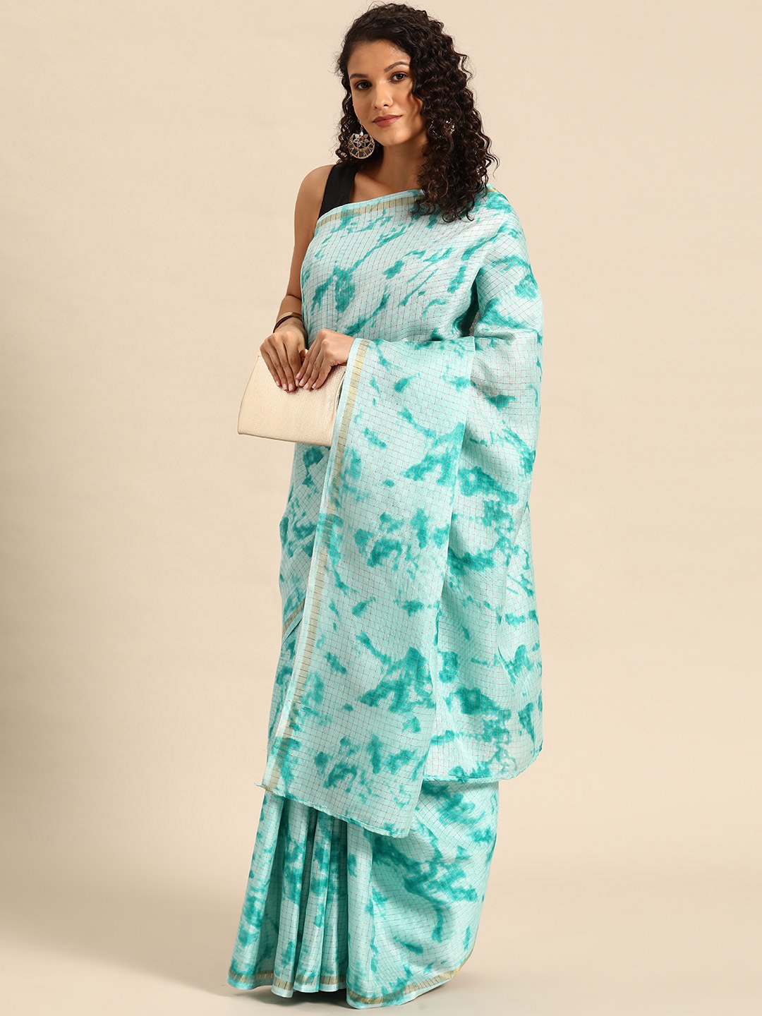 

HERE&NOW Abstract Printed Ready to Wear Saree, Turquoise blue