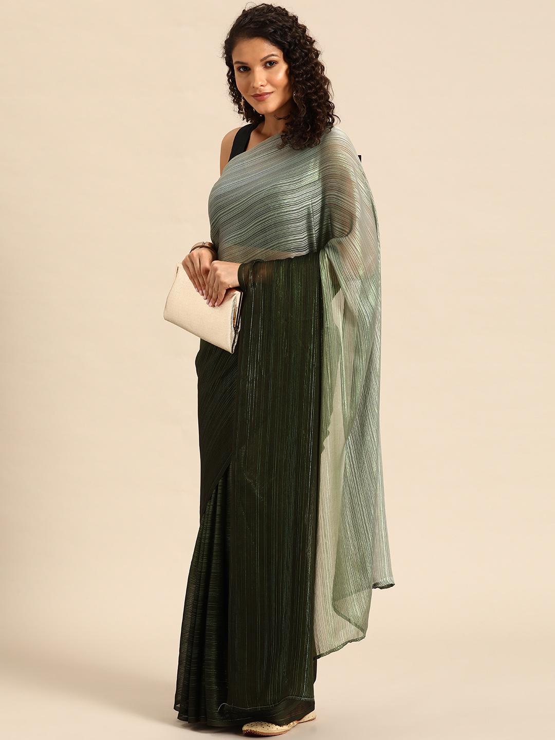 

HERE&NOW Poly Georgette Ready to Wear Saree, Green