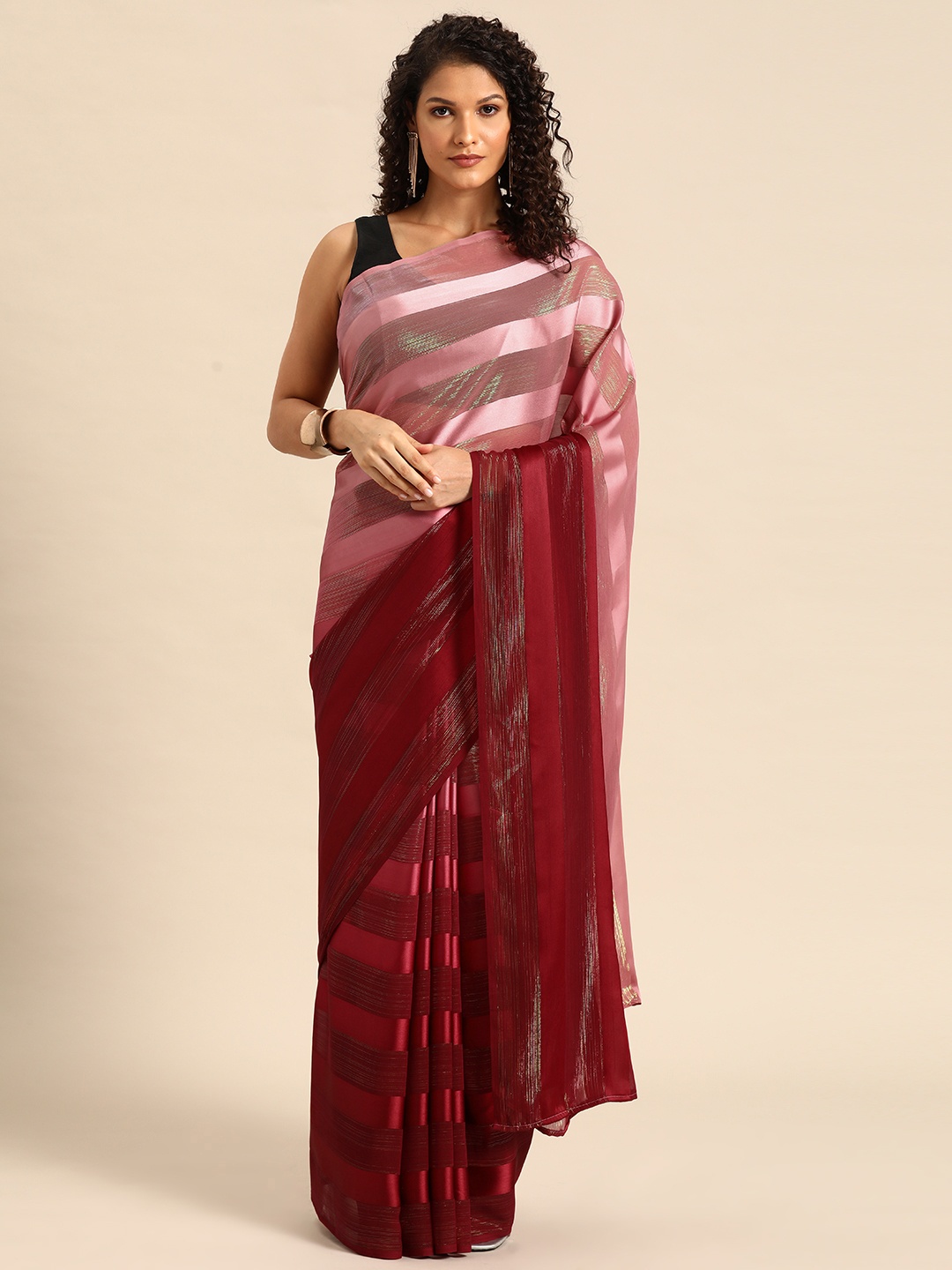 

HERE&NOW Striped Poly Georgette Ready to Wear Saree, Maroon