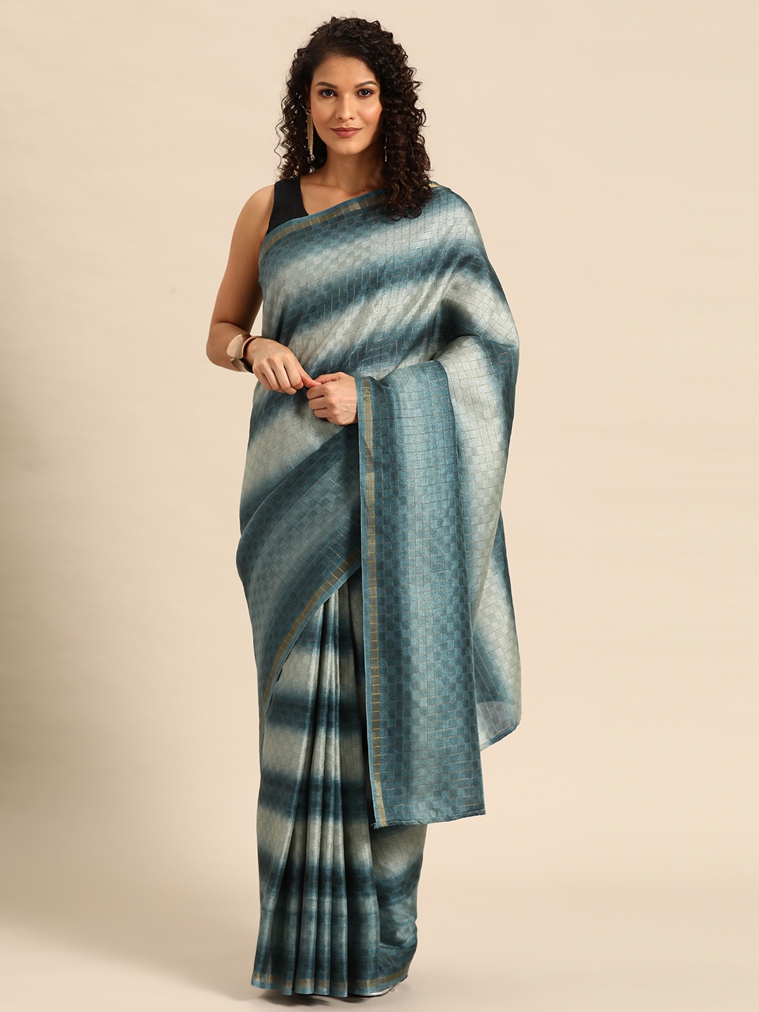 

HERE&NOW Striped Ready to Wear Saree, Turquoise blue