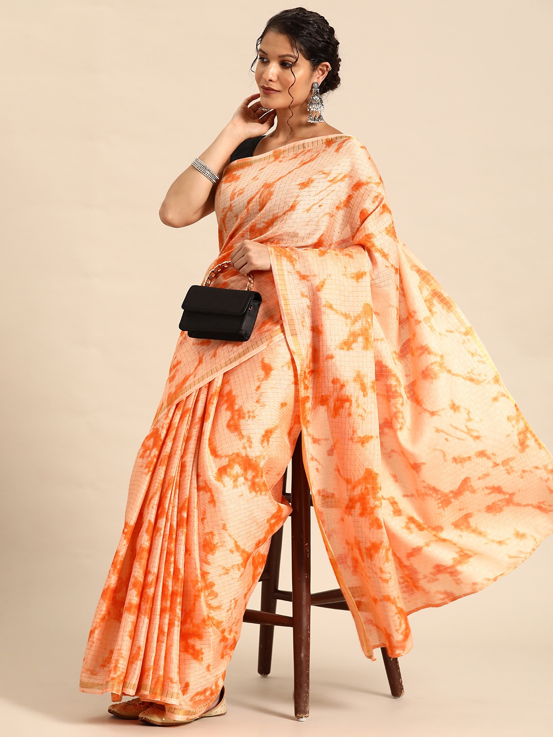 

HERE&NOW Abstract Printed Ready to Wear Saree, Orange