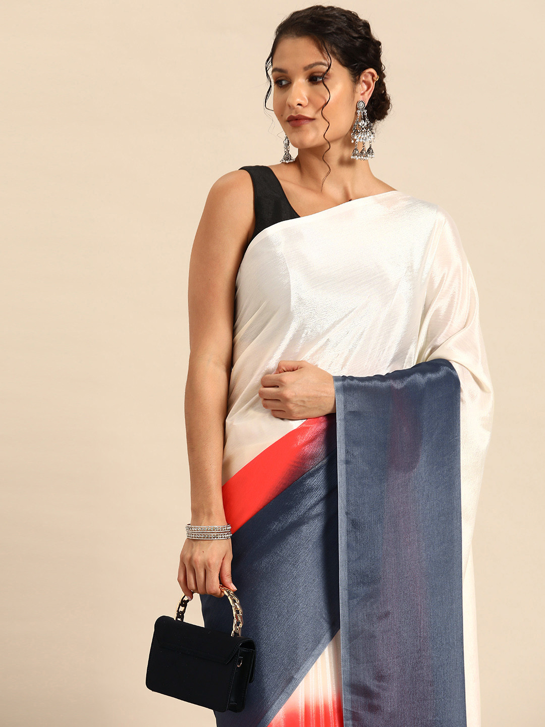 

HERE&NOW Colourblocked Poly Georgette Ready to Wear Saree, Pink