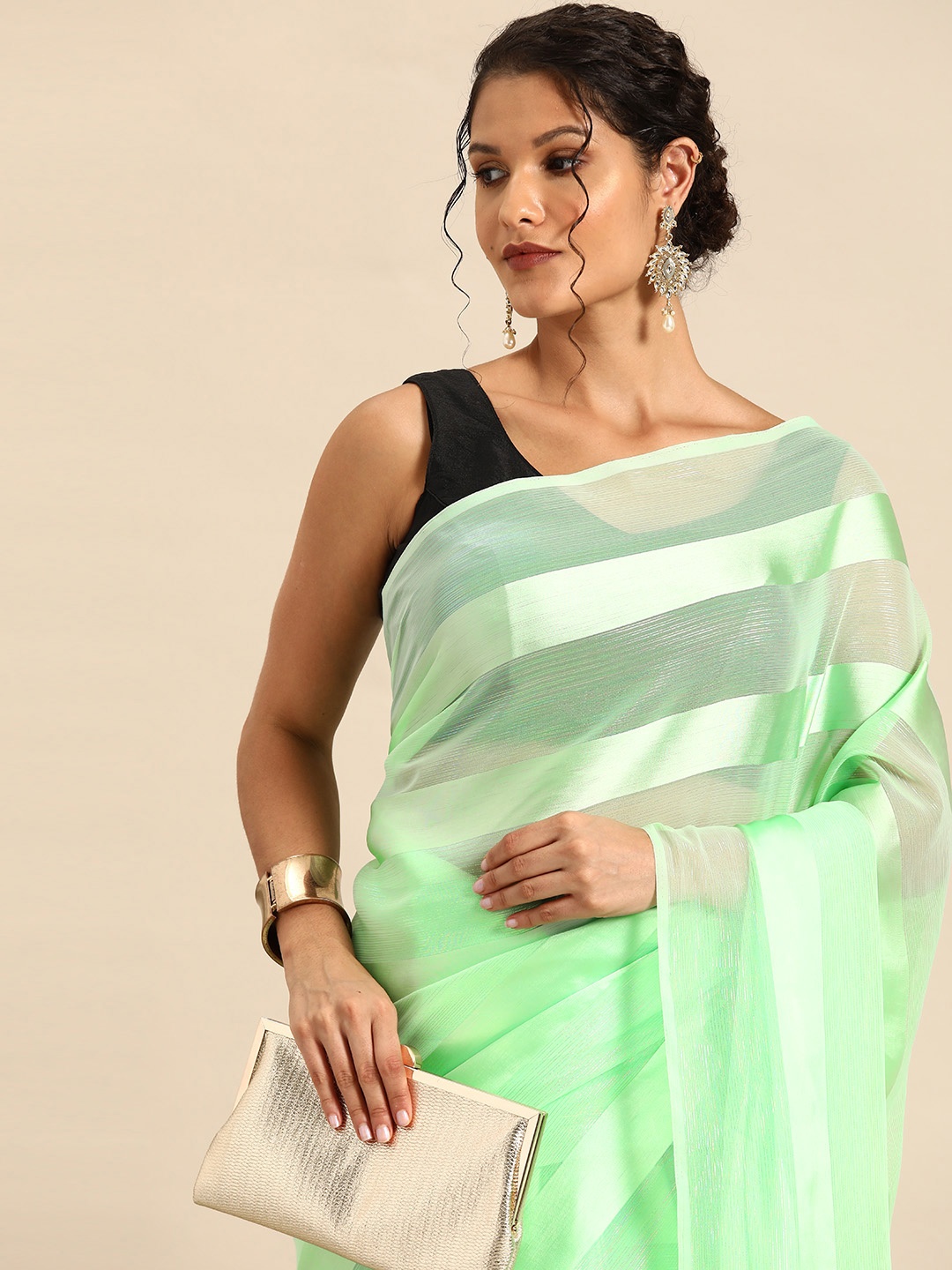 

HERE&NOW Striped Poly Georgette Ready to Wear Saree, Green