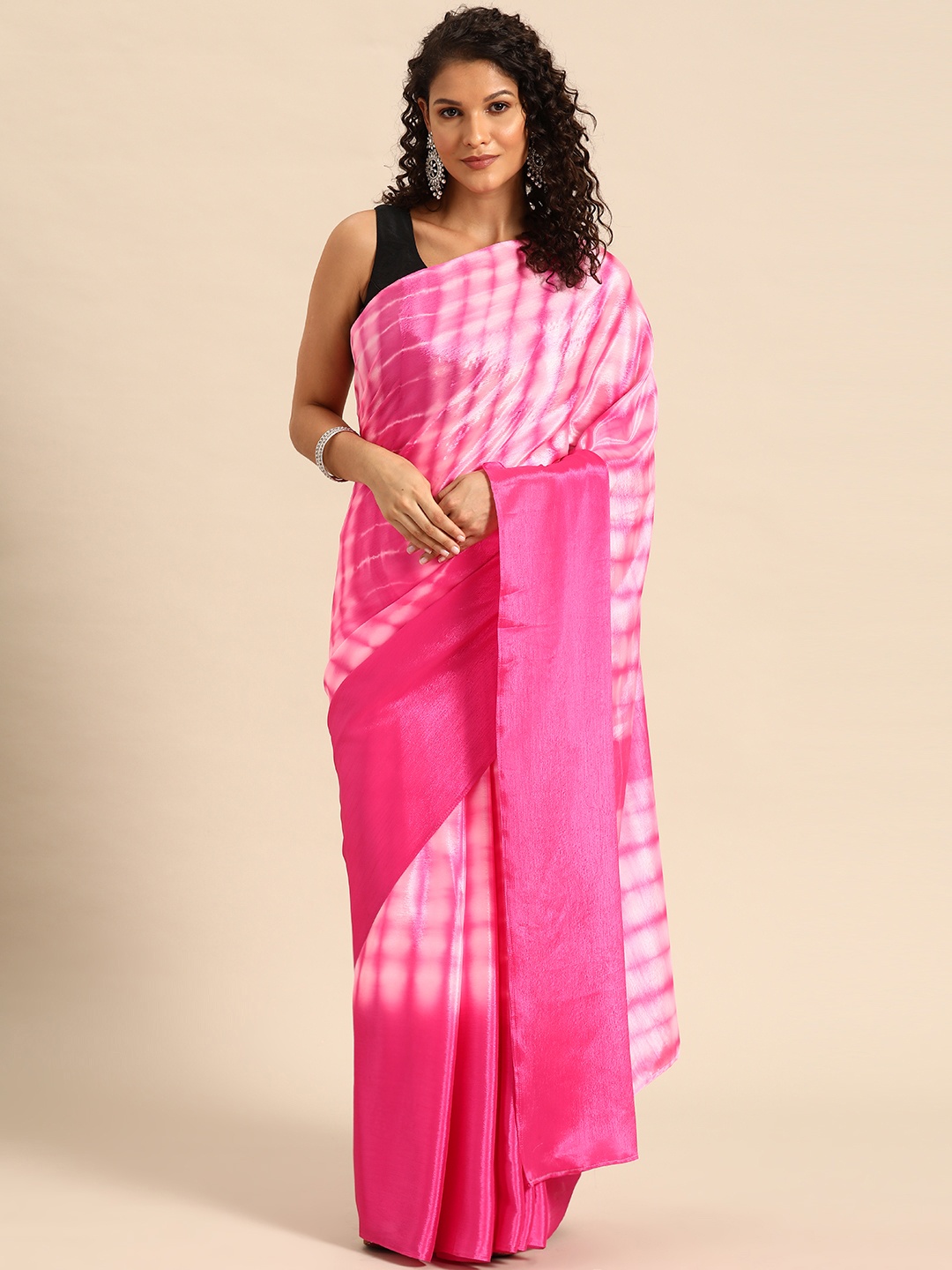 

HERE&NOW Tie & Dye Poly Chiffon Ready to Wear Saree, Pink