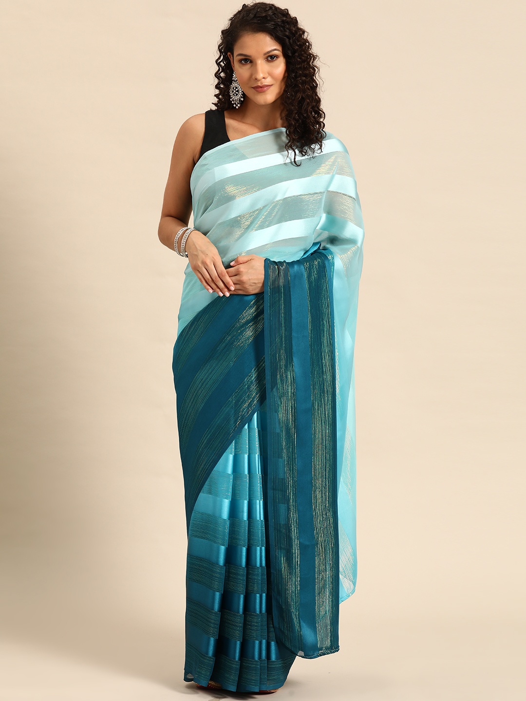 

HERE&NOW Striped Poly Georgette Ready to Wear Saree, Teal