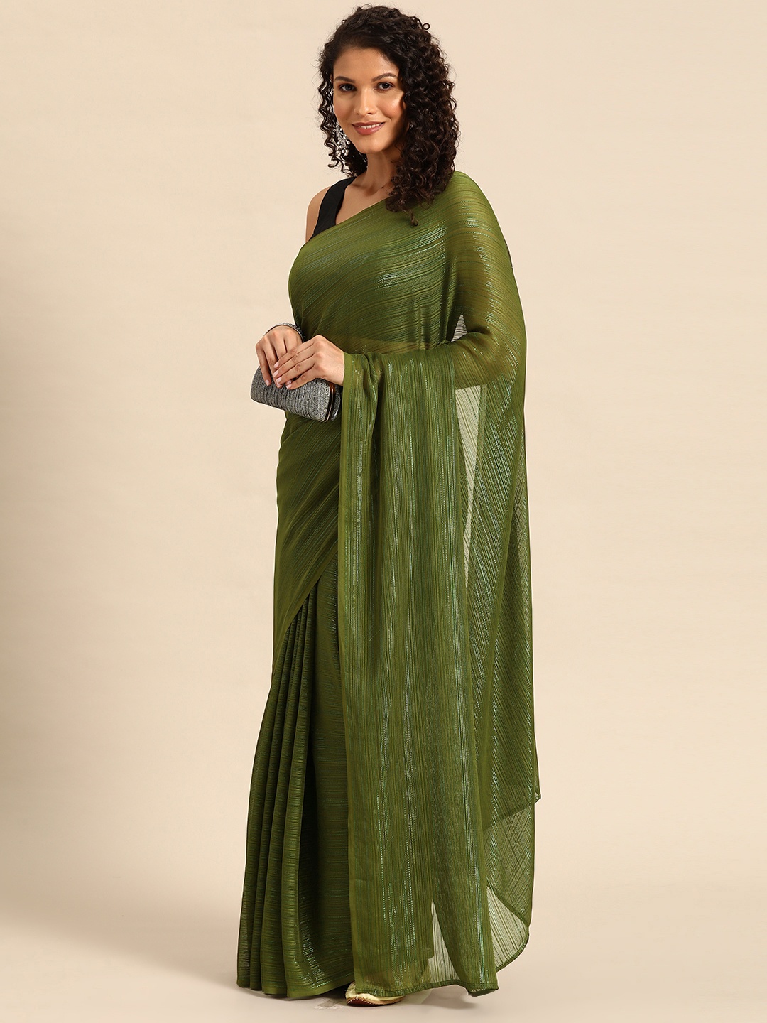 

HERE&NOW Poly Chiffon Ready to Wear Saree, Green