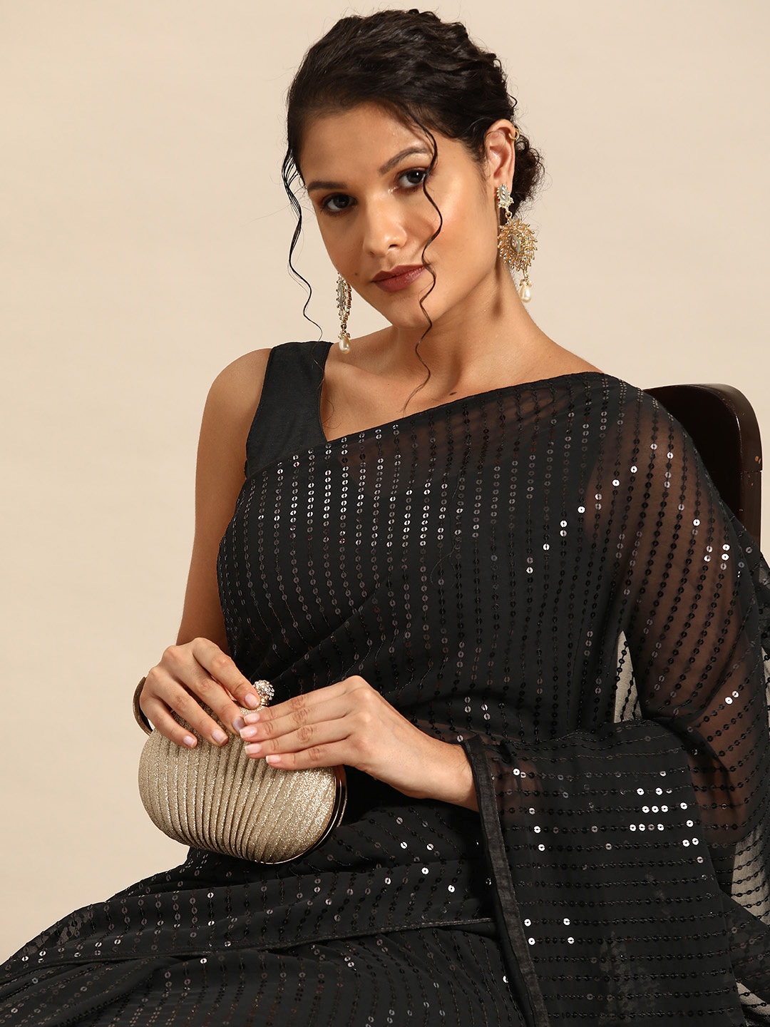 

HERE&NOW Striped Sequinned Poly Georgette Ready to Wear Saree, Black