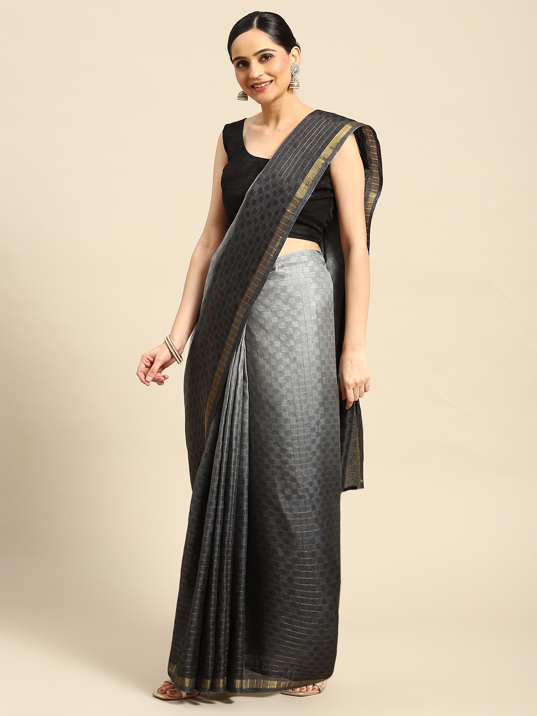 

HERE&NOW Geometric Design Zari Saree, Grey