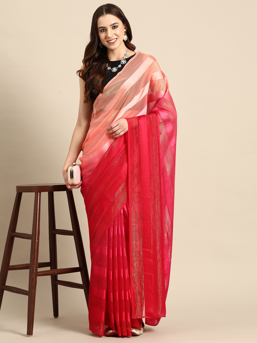 

HERE&NOW Striped Poly Georgette Ready to Wear Saree, Pink