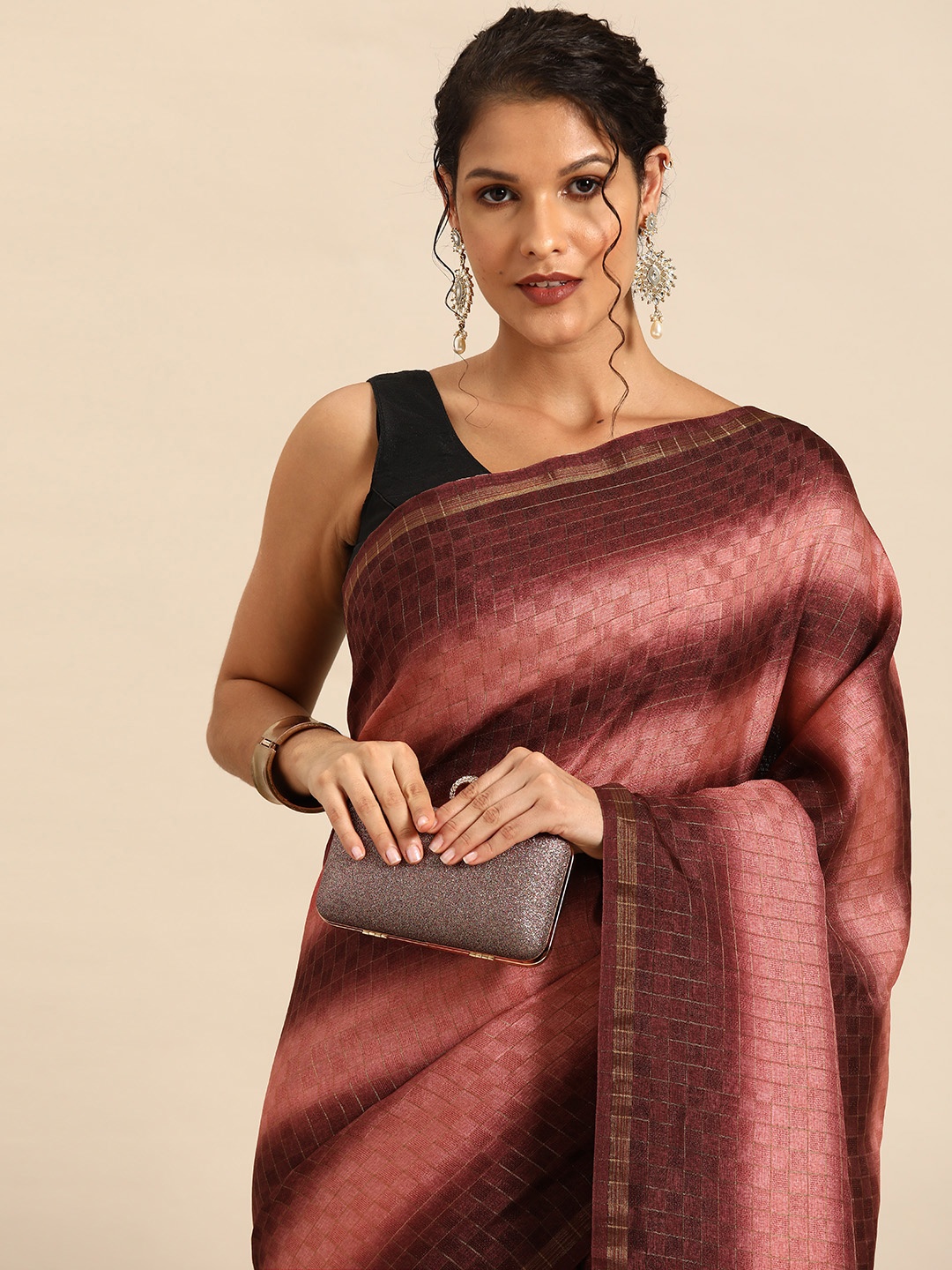 

HERE&NOW Striped Ready to Wear Saree, Maroon