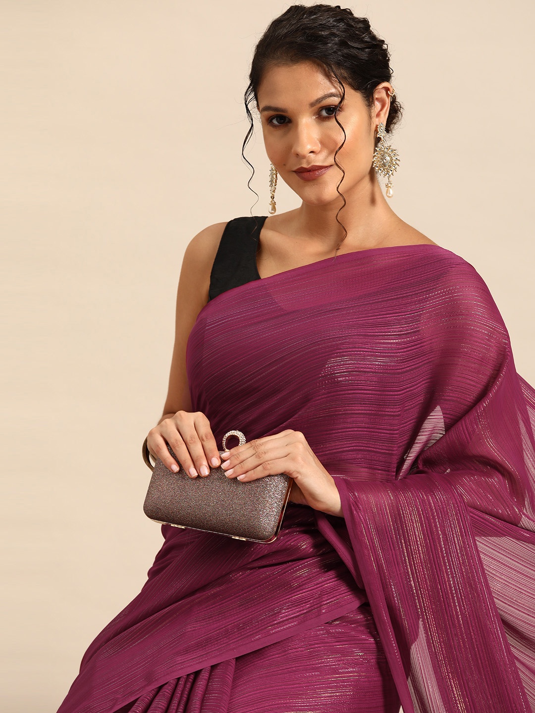 

HERE&NOW Poly Chiffon Ready to Wear Saree, Purple