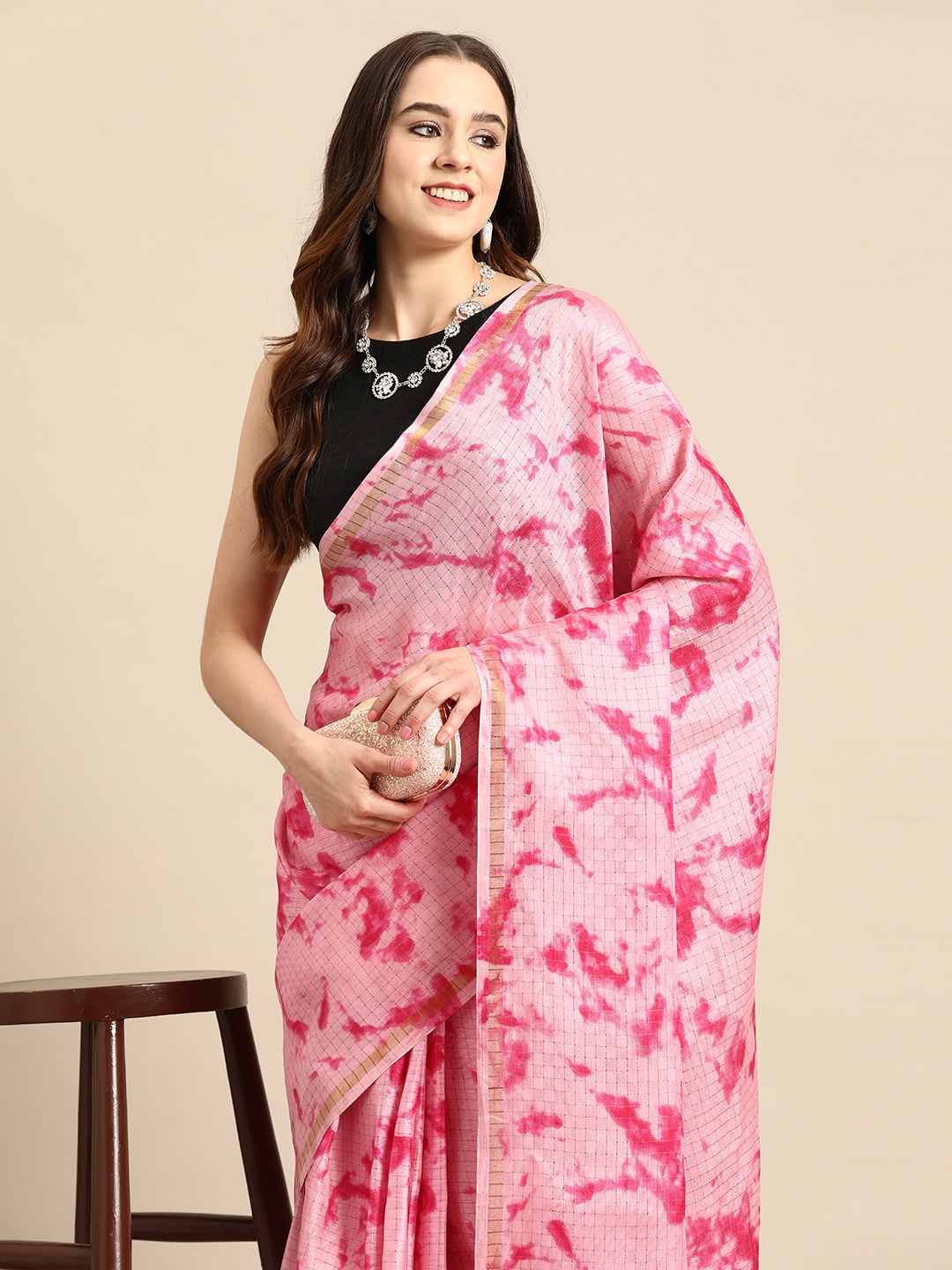 

HERE&NOW Abstract Printed Ready to Wear Saree, Pink