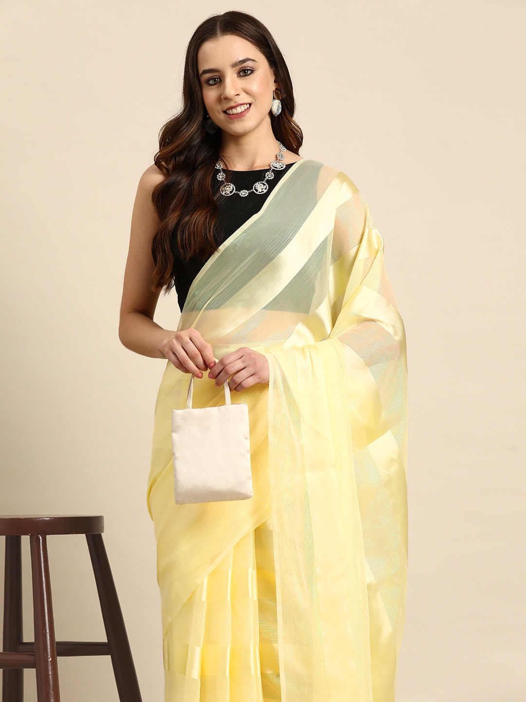 

HERE&NOW Striped Poly Georgette Ready to Wear Saree, Beige
