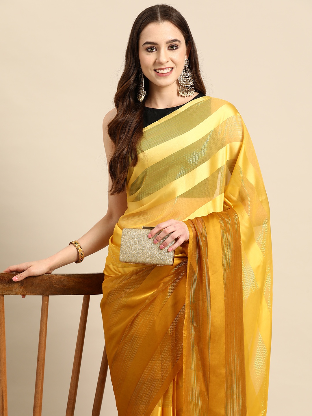 

HERE&NOW Striped Poly Georgette Ready to Wear Saree, Yellow