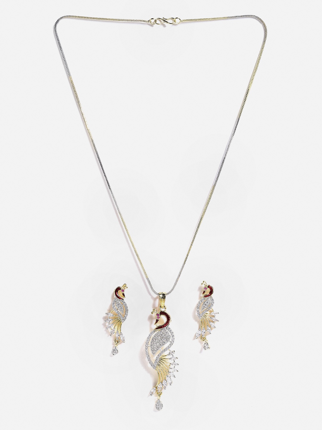 

Aazeen Gold-Plated CZ-Studded Peacock Shaped Pendant with Chain & Earrings