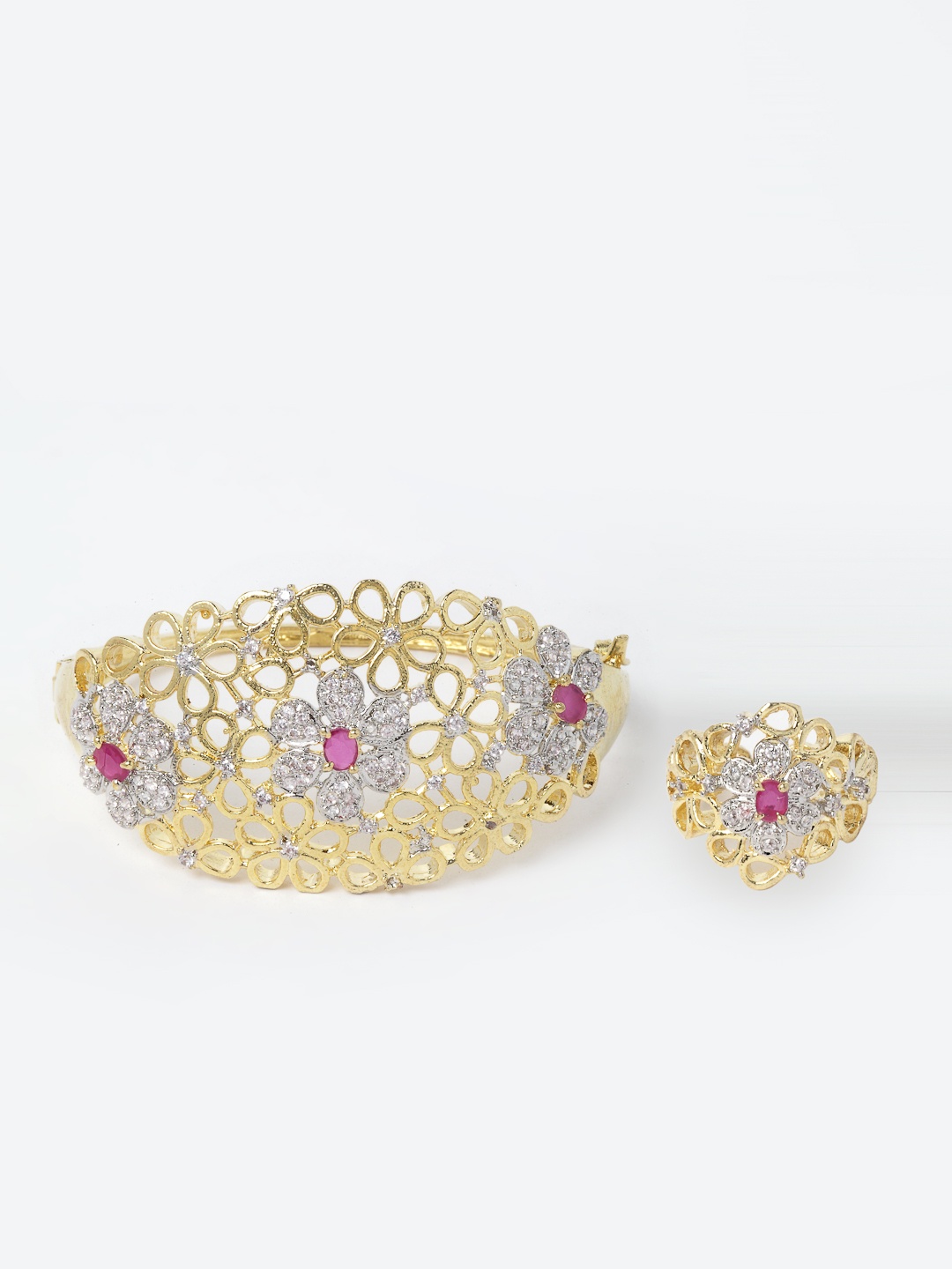 

Aazeen Women Set Of 2 Gold-Plated American Diamond Bangle-Style Bracelet With Ring