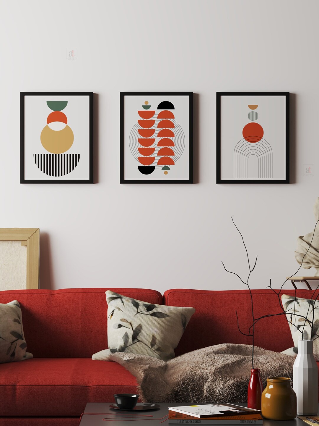 

Art Street Red & White 3-Pieces Geometric Printed Framed Wall Art, Orange