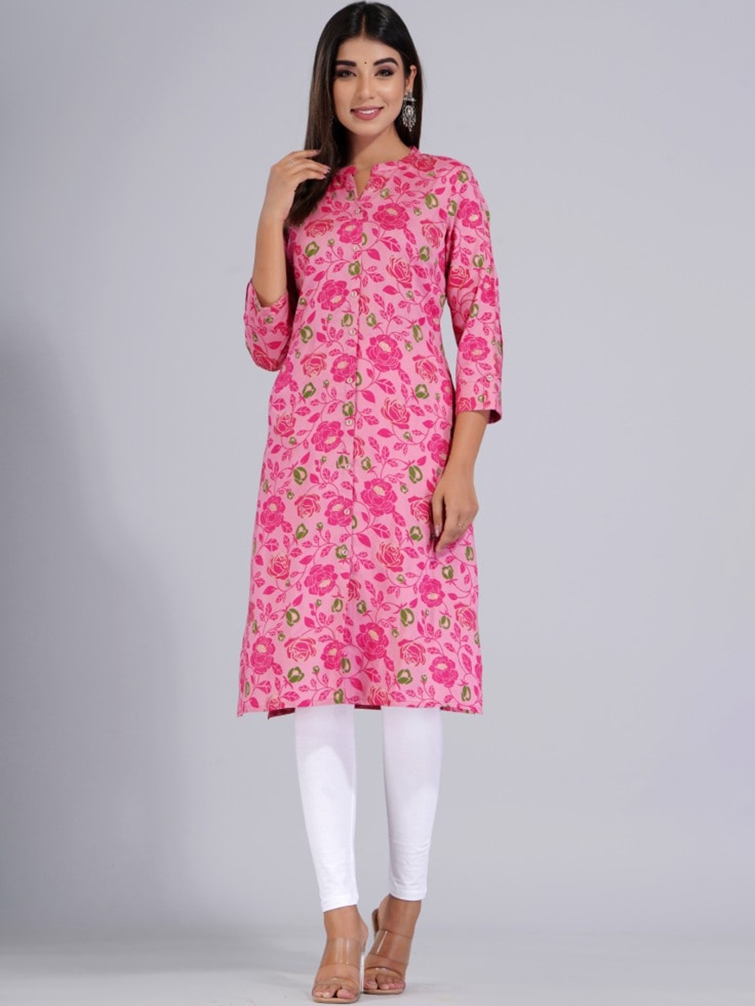 

HERE&NOW Pink Floral Printed Mandarin Collar Straight Kurta