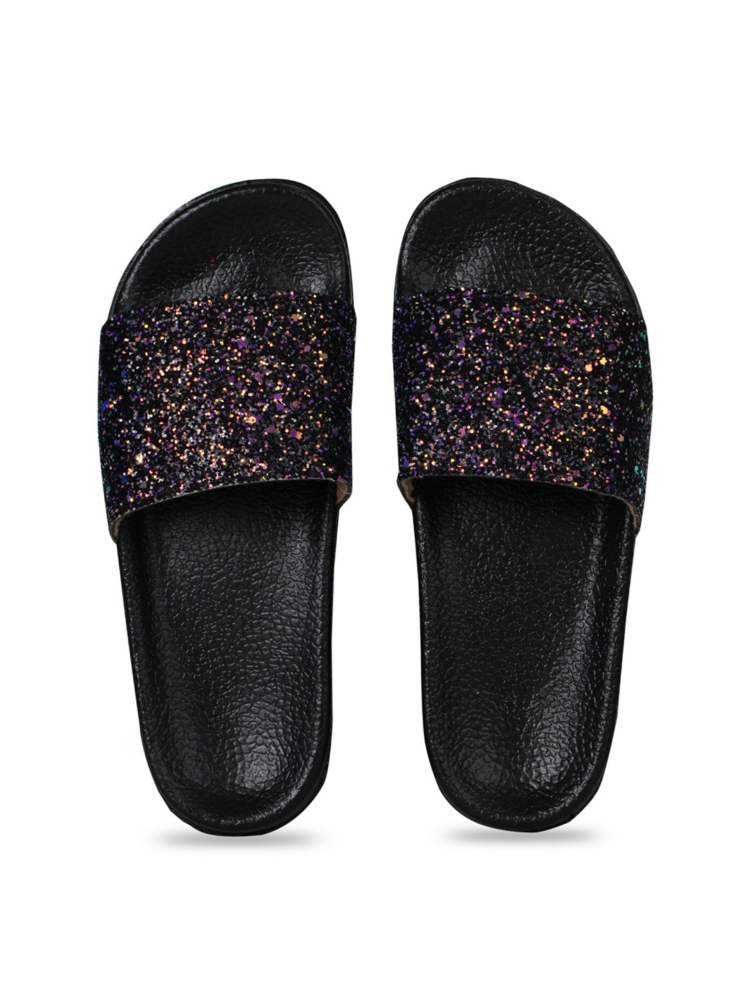 

JUMPLITE Women Glitter Embellished Sliders, Black