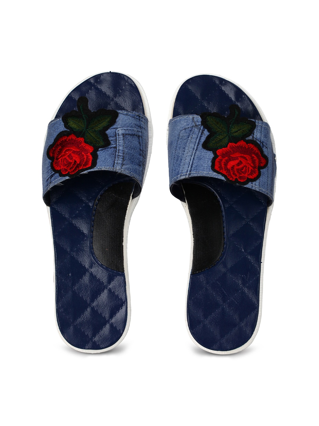 

JUMPLITE Women Floral Embroidered Denim Sliders, Navy blue