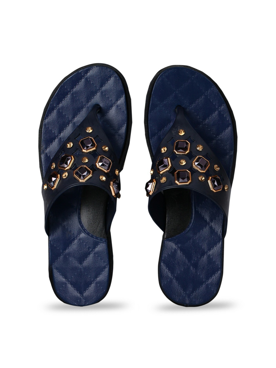 

JUMPLITE Women Embellished T-Strap Flats, Navy blue
