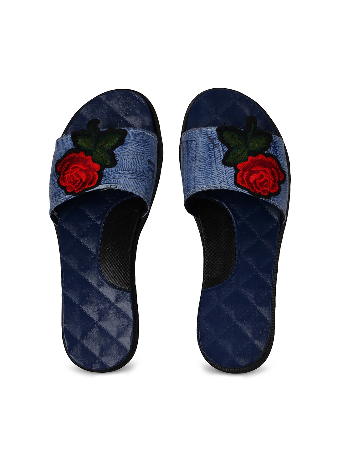 

JUMPLITE Women Floral Embroidered Denim Sliders, Navy blue