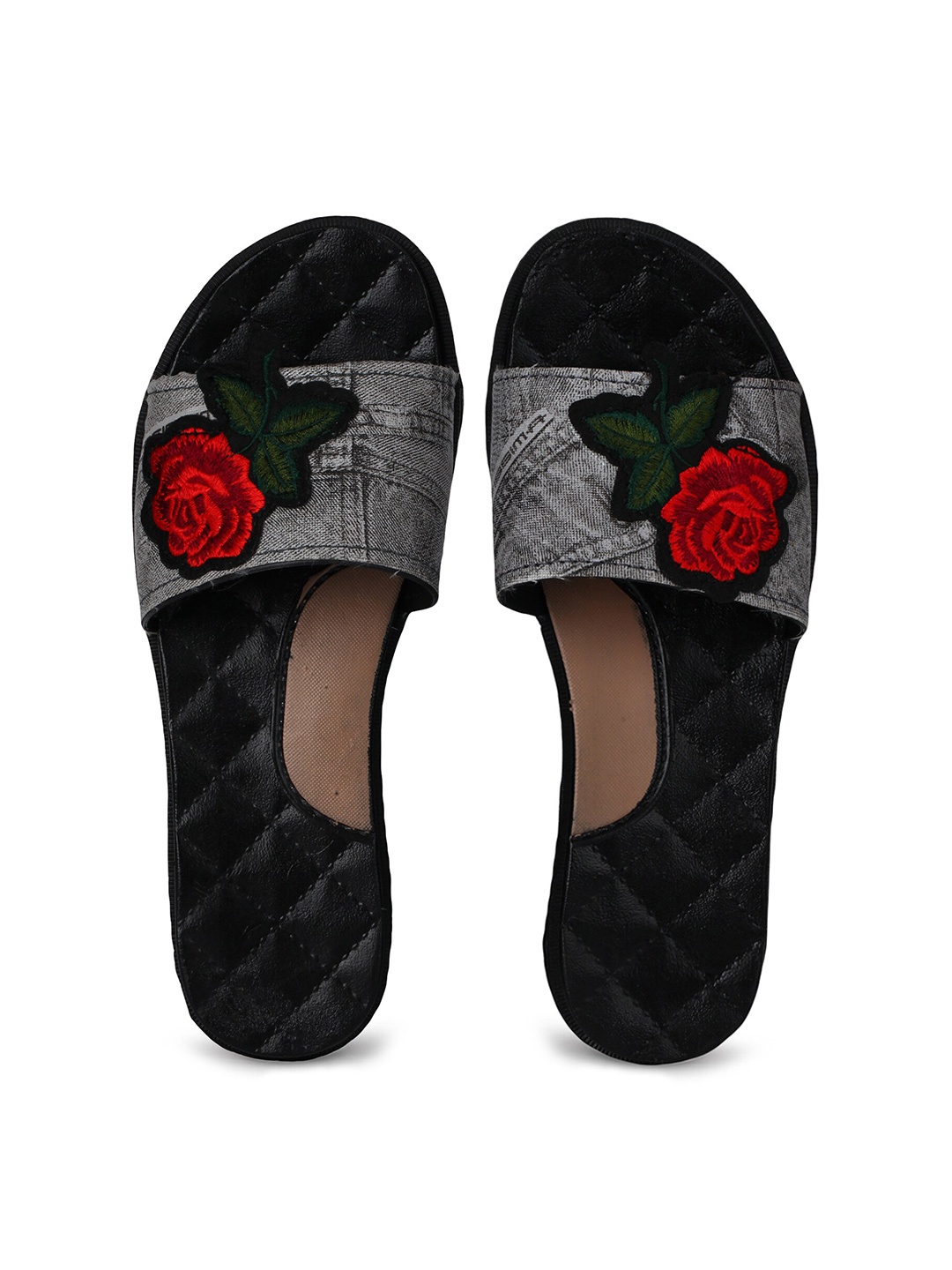

JUMPLITE Women Floral Embroidered Denim Sliders, Black