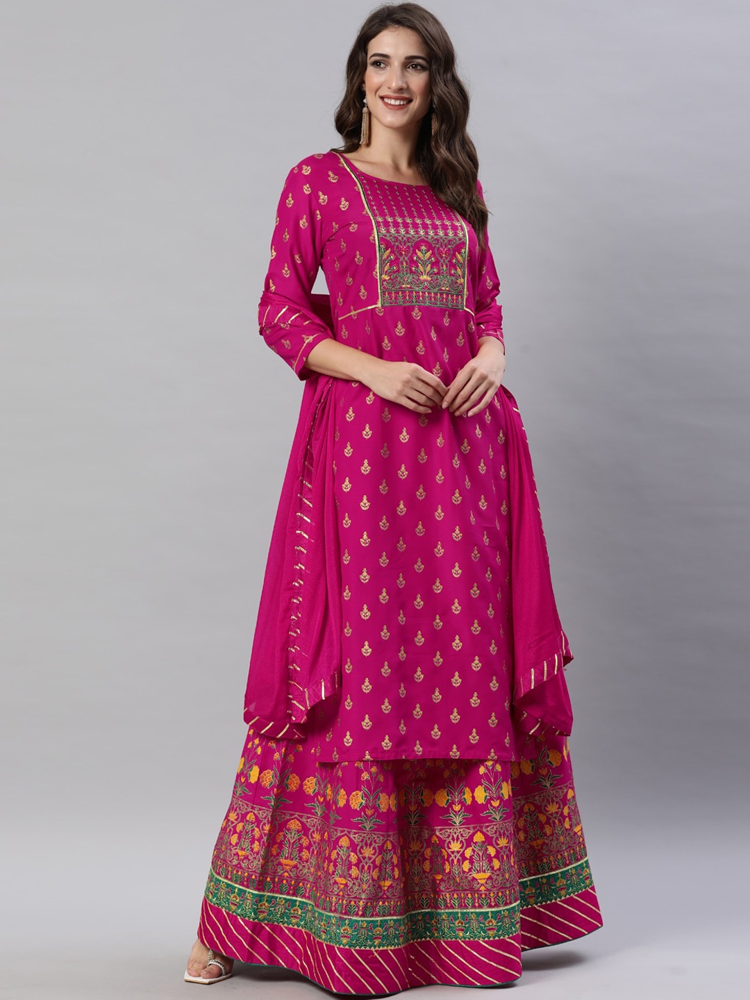 

SheWill Pink & Green Floral Printed Thread Work Kurta With Skirt & Dupatta