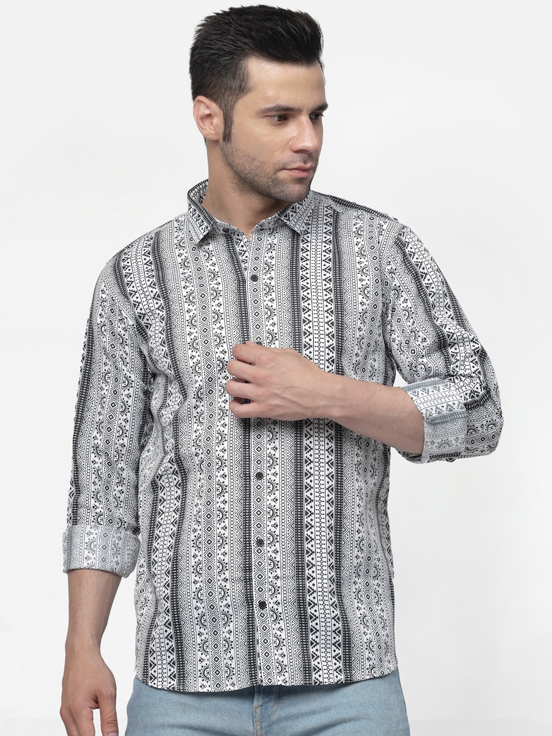 

ADWYN PETER New Geometric Printed Cotton Casual Shirt, White